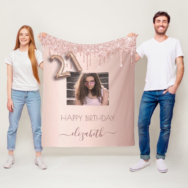 21st birthday rose gold glitter blush photo fleece blanket (In Situ)