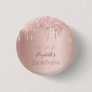 21st birthday rose gold glitter drips name 3 cm round badge