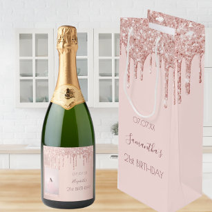 21st birthday rose gold glitter drips name wine gift bag