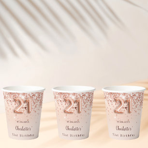 21st birthday rose gold glitter monogram name paper cups