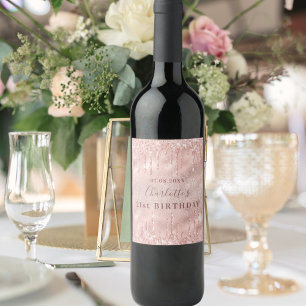 21st birthday rose gold glitter name wine label