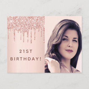 21st birthday rose gold glitter photo invitation postcard