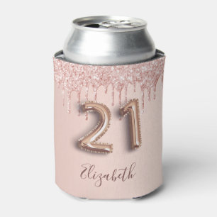 21st birthday rose gold glitter pink balloon style can cooler
