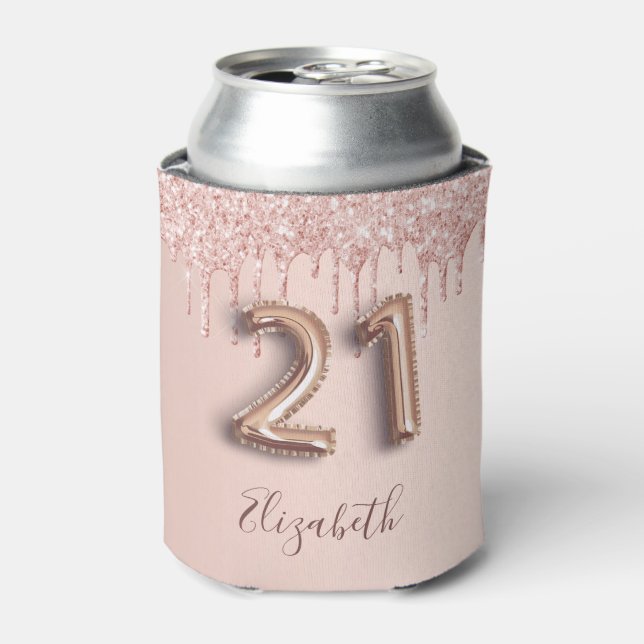 21st birthday rose gold glitter pink balloon style can cooler (Can Front)