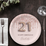 21st birthday rose gold glitter pink balloon style paper plate<br><div class="desc">Elegant, classic, glamourous and girly for a 21st birthday party. Blush pink background. Decorated with rose gold faux glitter drips, paint dripping look. Personalise and add a name. With the text: Happy Birthday. The name is written with a modern dark rose coloured hand lettered style script. Number 21 is written...</div>