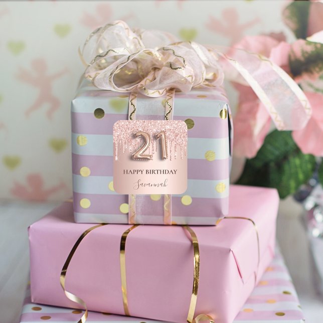 21st birthday rose gold glitter pink balloon style square sticker (Creator Uploaded)
