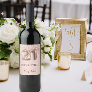 21st birthday rose gold glitter pink balloon style wine label