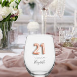 21st birthday rose gold name stemless wine glass<br><div class="desc">Transparent background. Personalise and add your name and birthday date.  Number 21 with a balloon style font.</div>
