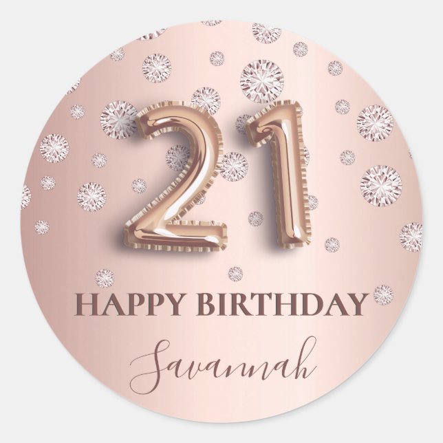 21st birthday rose gold pink diamonds balloon font classic round sticker (Front)