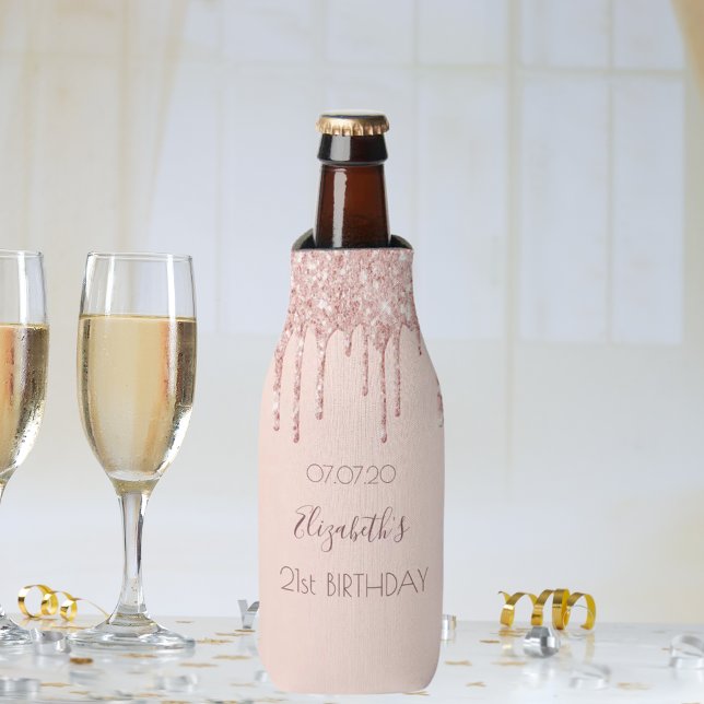 21st birthday rose gold pink drips bottle cooler (Creator Uploaded)