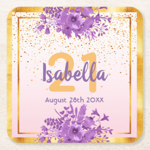 21st birthday rose gold pink florals name square paper coaster