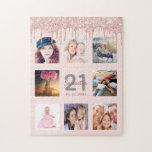 21st birthday rose gold pink glitter drips photo jigsaw puzzle<br><div class="desc">A glamorous and unique 21st birthday gift or keepsake, celebrating her life with a collage of 8 of your photos. Personalize and add a name, age 21 and a date. Gray and dark rose gold colored letters. Elegant and trendy blush pink background color. Decorated with rose gold colored faux glitter...</div>