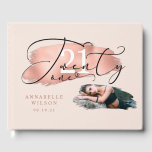 21st Birthday Rose Gold & Pink Photo Guest Book<br><div class="desc">Modern, elegant rose gold faux foil and bright pink photo birthday party guest book. Design features foil rose gold paint brush stroke , number 21 and handwritten ''twenty one'' on a blush pink background. Personalize with a photo, name and date in modern, elegant lettering on the front and another photo...</div>