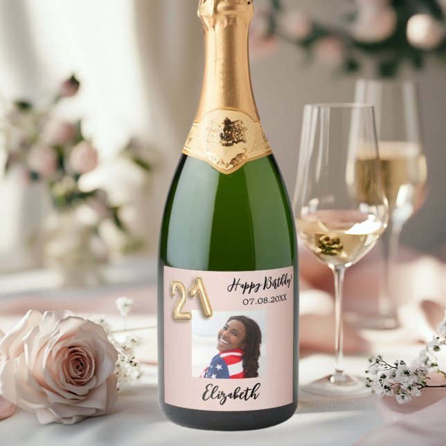 21st Birthday rose gold pink photo Sparkling Wine Label (Creator Uploaded)