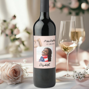 21st Birthday rose gold pink photo Wine Label