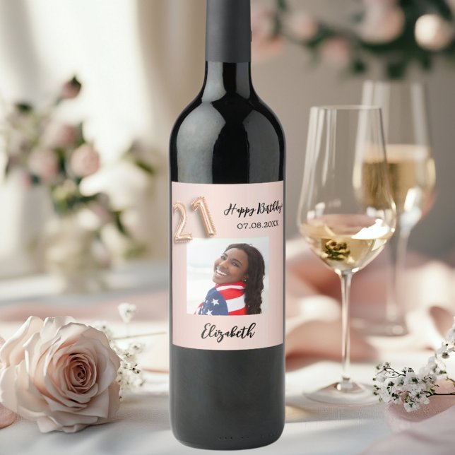 21st Birthday rose gold pink photo Wine Label (Creator Uploaded)