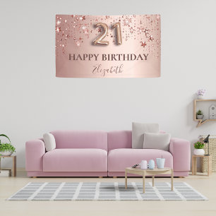 21st birthday rose gold pink stars balloon script banner