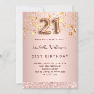 21st birthday rose gold pink stars balloon script invitation