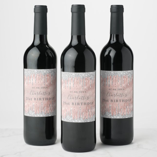 21st birthday rose gold silver drips name wine label (Bottles)