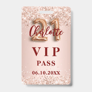 21st birthday rose gold vip party pass ID badge