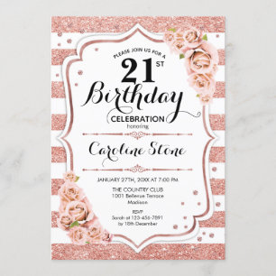 21st Birthday -  Rose Gold White Stripes Invitation