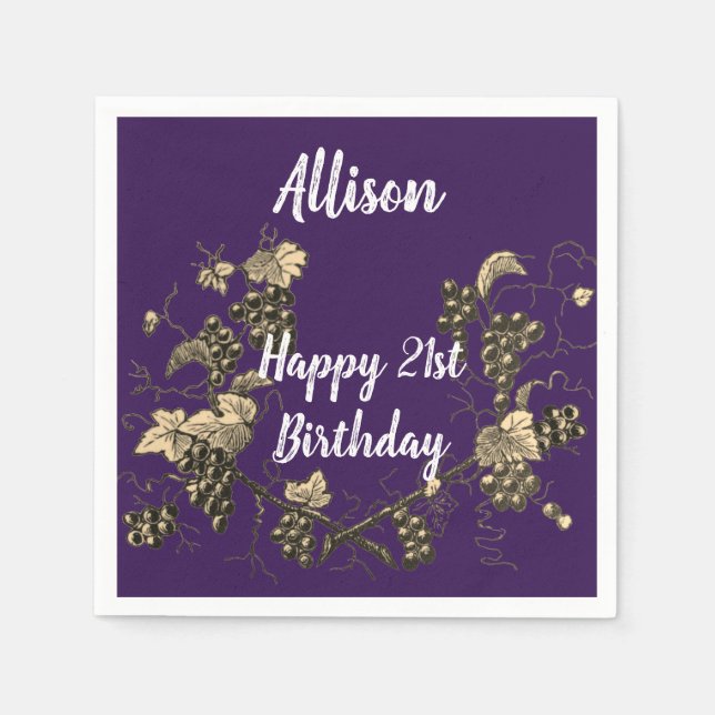 21st Birthday Royal Purple Elegant Vintage Grapes Napkin (Front)
