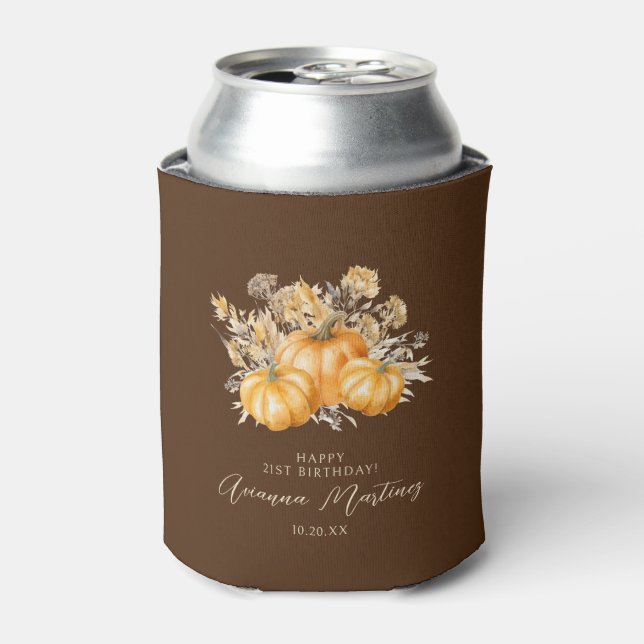 21st Birthday Rustic Boho Pumpkin Fall Foliage Can Cooler (Can Front)