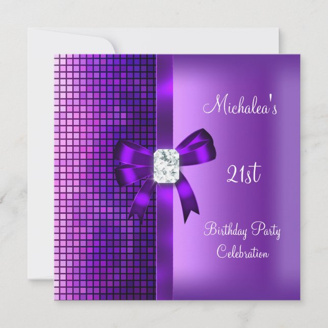 21st Birthday Sequins Purple Diamond Bow Invitation (Front)