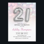 21st Birthday - Silver Balloons Pink Lights Invitation<br><div class="desc">21st birthday party invitation. Elegant design in faux glitter silver with pastel pink and purple lights. Invite card features silver number 21 balloons and script font. Perfect for a stylish bday celebration. Message me if you need custom age.</div>