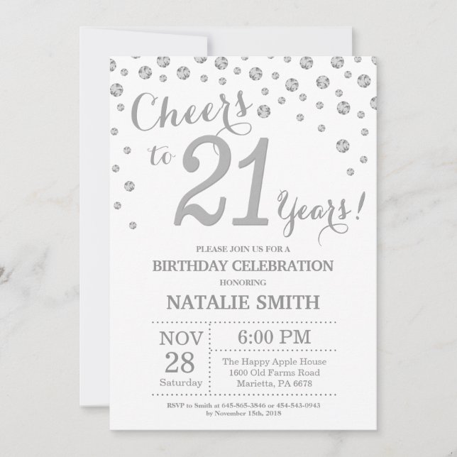 21st Birthday Silver Glitter Diamond Invitation (Front)