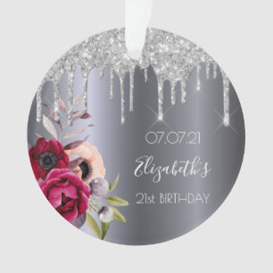 21st birthday silver glitter drips floral burgundy ornament