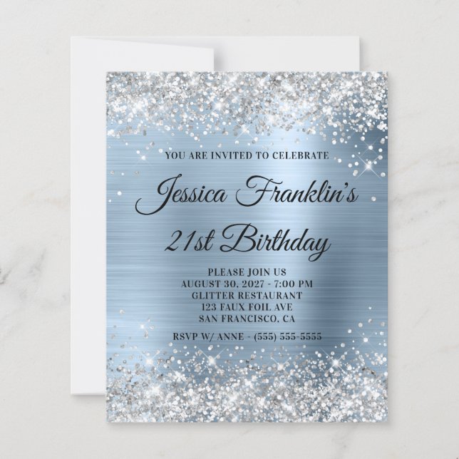 21st Birthday Silver Glitter Pale Blue Invite (Front)