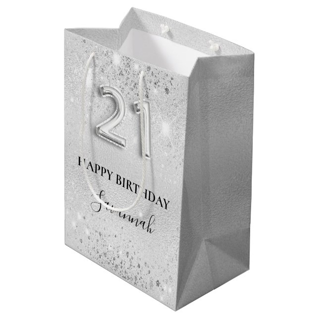 21st birthday silver glitter sparkles monogram medium gift bag (Back Angled)