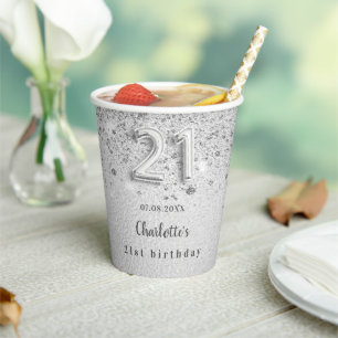 21st birthday silver name glamourous paper cups