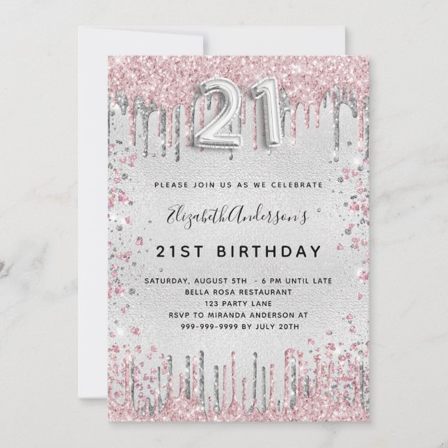 21st birthday silver pink metal glitter dust invitation (Front)