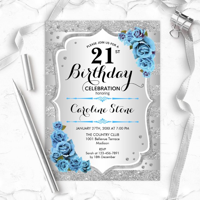 21st Birthday - Silver Stripes Icy Blue Roses Invitation (Creator Uploaded)