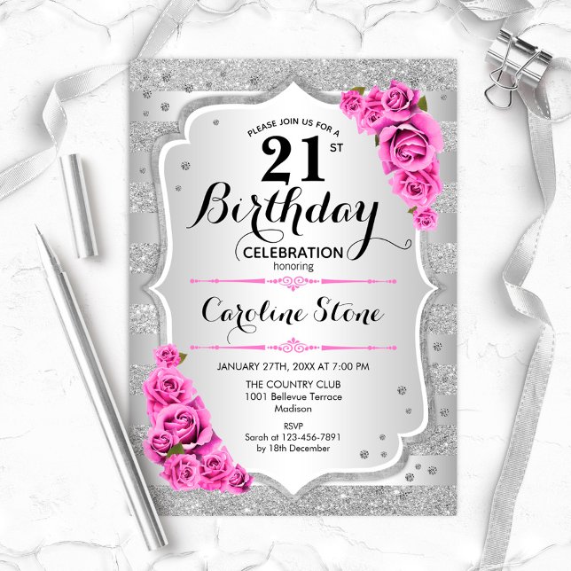 21st Birthday - Silver Stripes Pink Roses Invitation (Creator Uploaded)