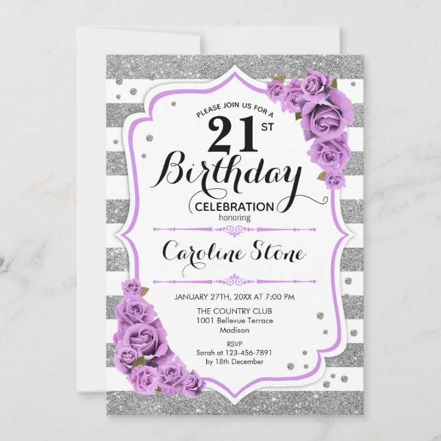 21st Birthday -  Silver White Stripes Purple Roses Invitation (Front)