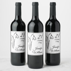 21st Birthday Snowdrop Floral Black And White Wine Label