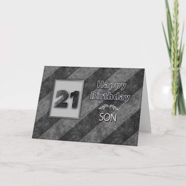 21st  BIRTHDAY, Son, Grunge Grey Stripes Card (Front)