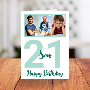 21st Birthday Son Modern Script Photo Collage Card