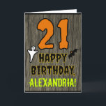 21st Birthday: Spooky Halloween Theme, Custom Name Card<br><div class="desc">The front of this scary and spooky Hallowe'en birthday themed greeting card design features a large number "21" and the message "HAPPY BIRTHDAY, ", plus a customizable name. There are also depictions of a ghost and a bat on the front. The inside features an editable birthday greeting message, or could...</div>