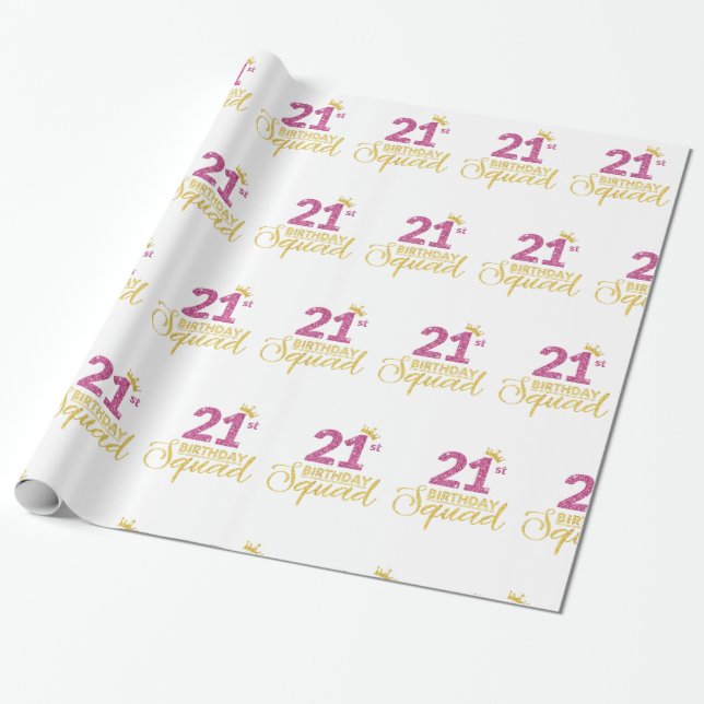 21st Birthday Squad Party Crown Pink Gold Wrapping Paper (Unrolled)