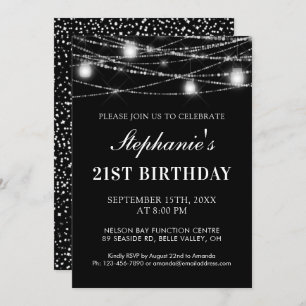 21st Birthday String Lights Jars Black White Invitation