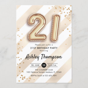 21st Birthday - Stripes Gold Balloons Invitation