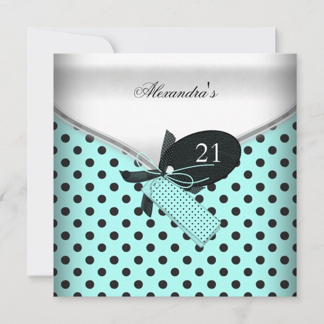 21st Birthday Teal Black White Polka Dot Bow Image Invitation (Front)