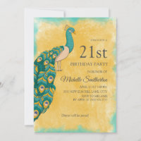 21st Birthday Teal Yellow Watercolor Peacock