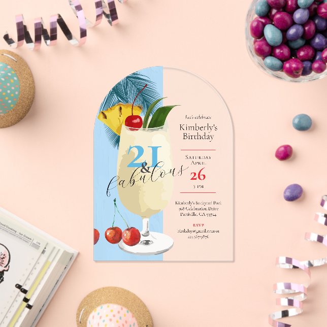 21st Birthday Tropical Blue Pina Colada Cocktail Acrylic Invitations (Insitu (Celebration))