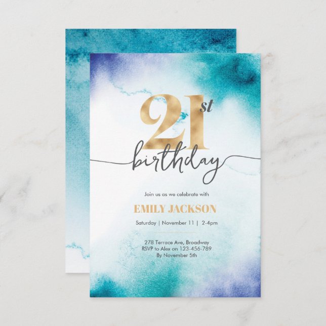 21st birthday Turquoise watercolor gold invitation (Front/Back)