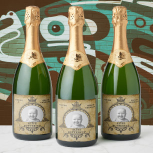 21st Birthday Vintage Retro Monogram Add Photo Sparkling Wine Label